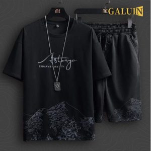 GALUIN T-Shirts +Shorts 100% Cotton Men's Short Sleeve Set-Black